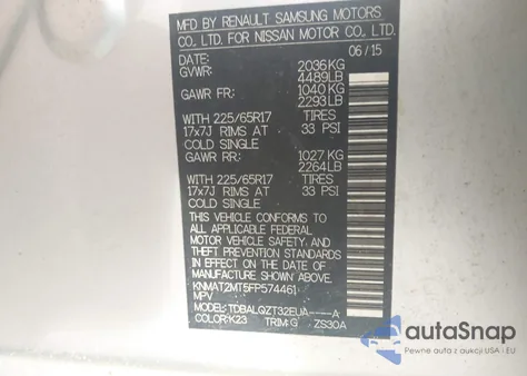 2015 Nissan Rogue Sv z USA, uszkodzony, nr VIN KNMAT2MT5FP574461